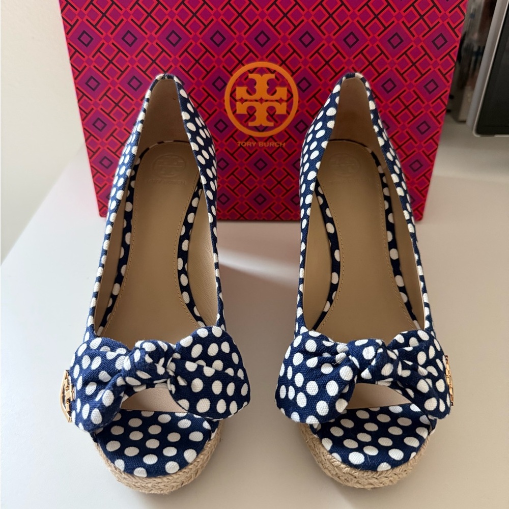 Never-Worn: Tory Burch Blue and White Polka Dot Espadrilles